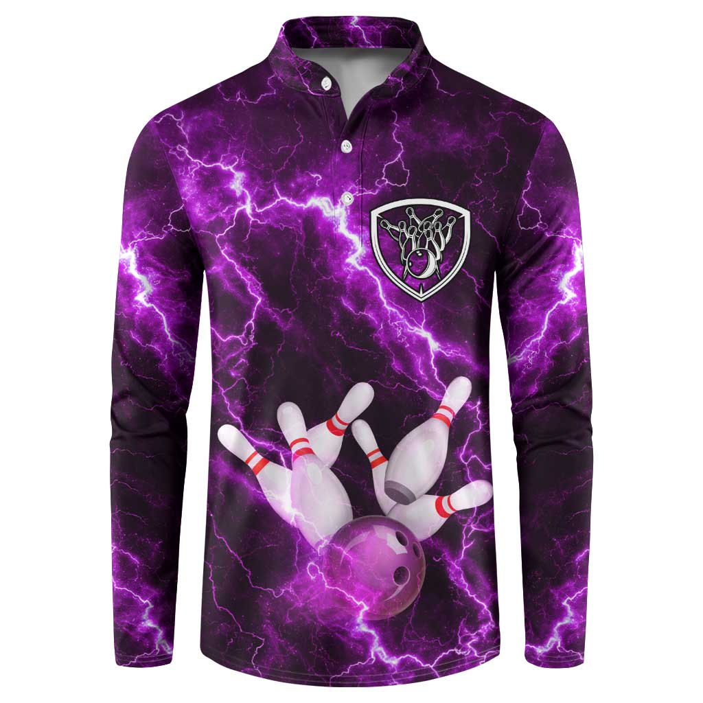 Bowling Ball and Pins Button Sweatshirt Purple Lightning Background and Custom Name Design - Wonder Print Shop