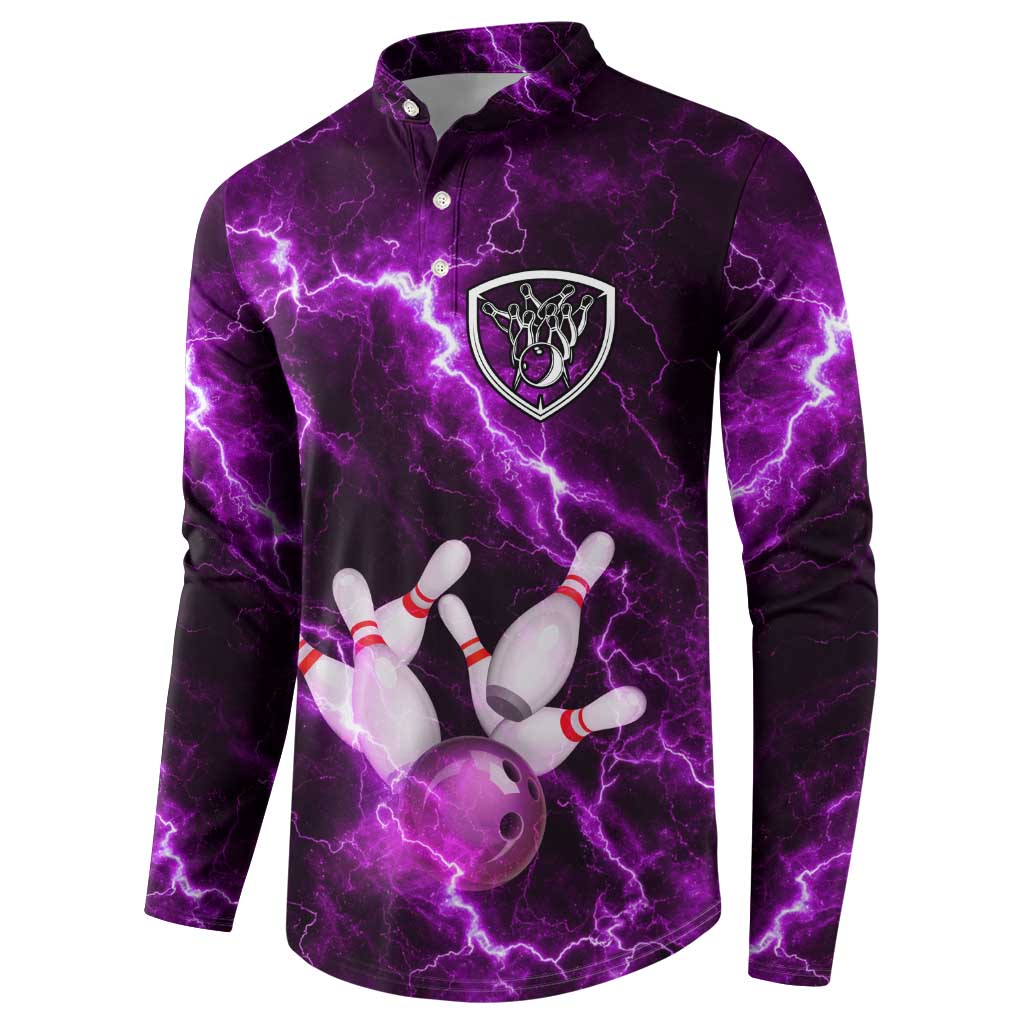 Bowling Ball and Pins Button Sweatshirt Purple Lightning Background and Custom Name Design - Wonder Print Shop