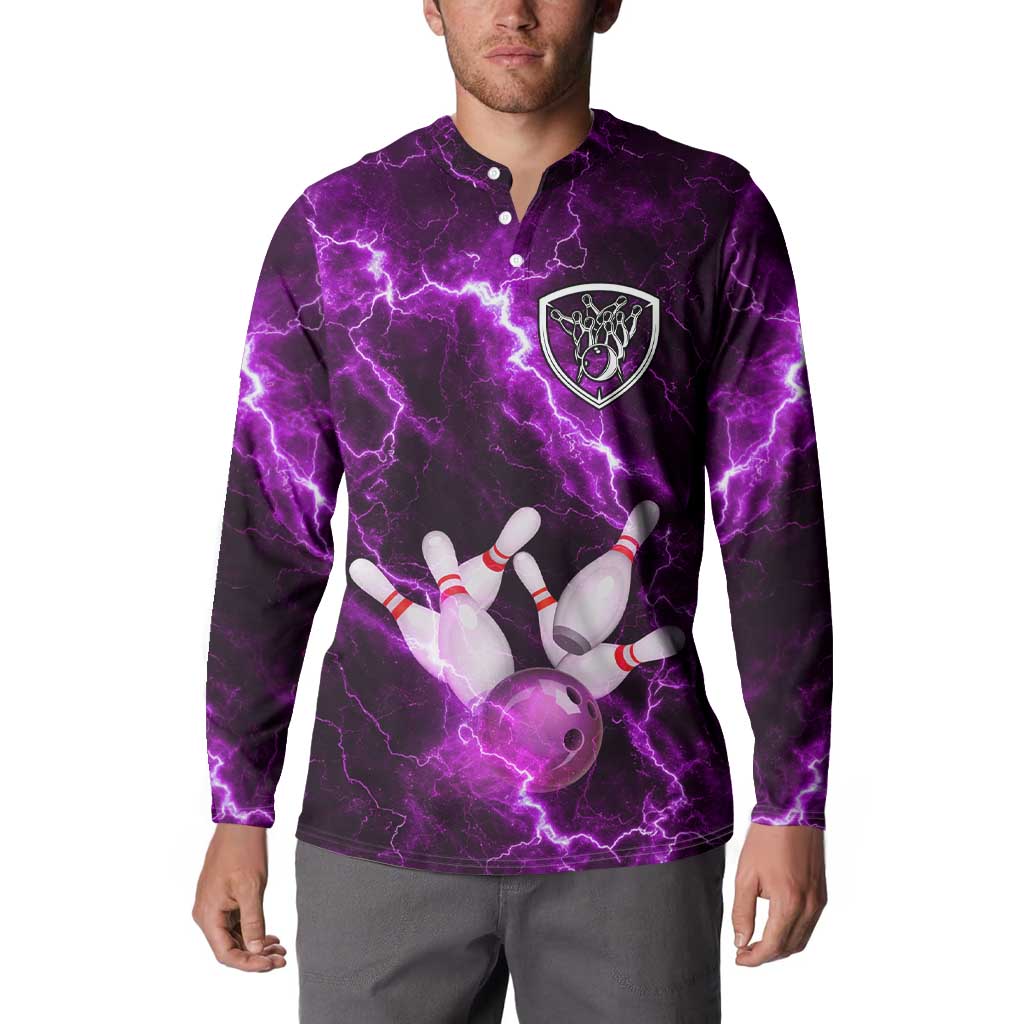 Bowling Ball and Pins Button Sweatshirt Purple Lightning Background and Custom Name Design - Wonder Print Shop