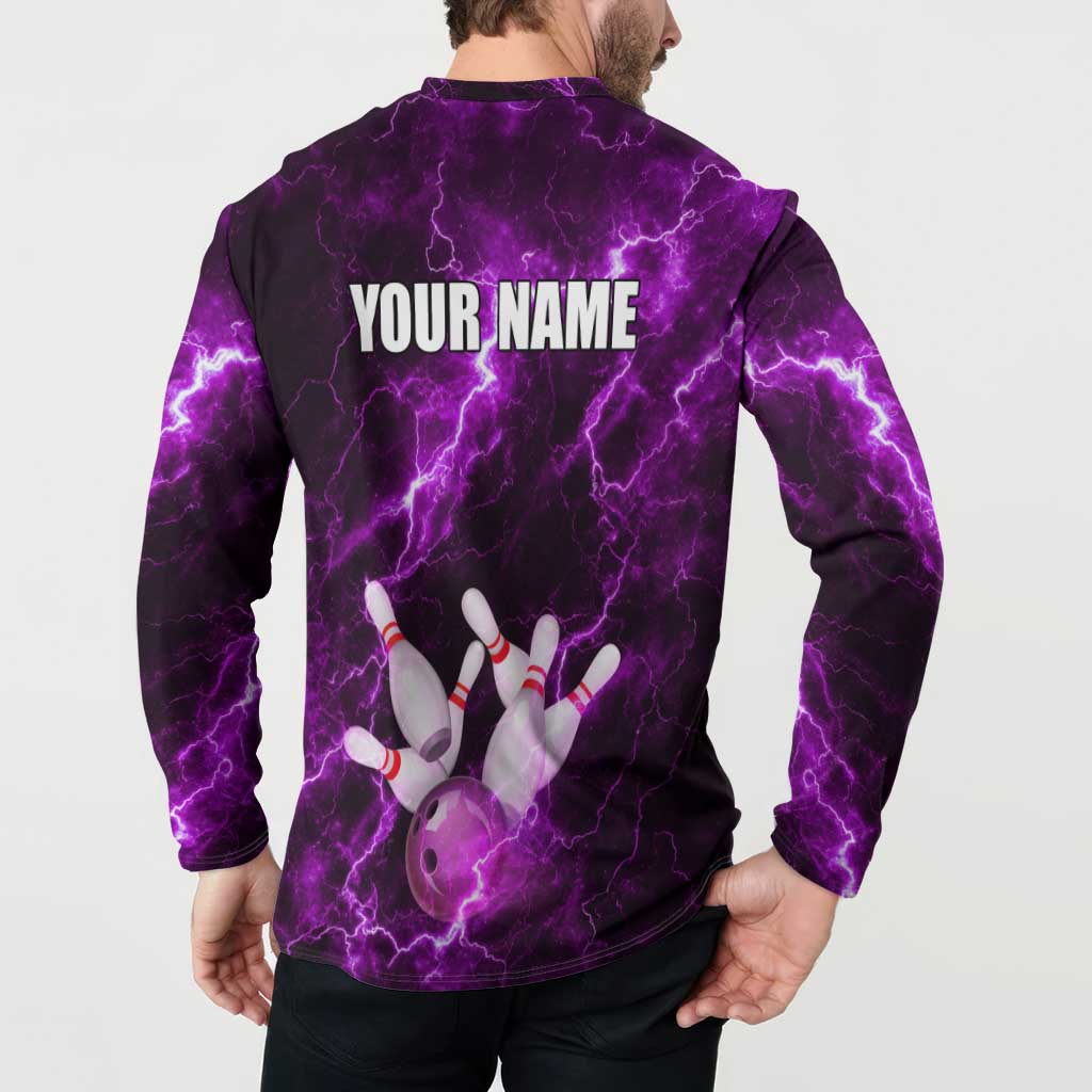 Bowling Ball and Pins Button Sweatshirt Purple Lightning Background and Custom Name Design - Wonder Print Shop