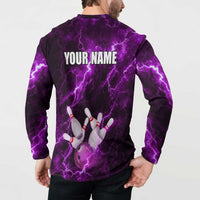 Bowling Ball and Pins Button Sweatshirt Purple Lightning Background and Custom Name Design - Wonder Print Shop
