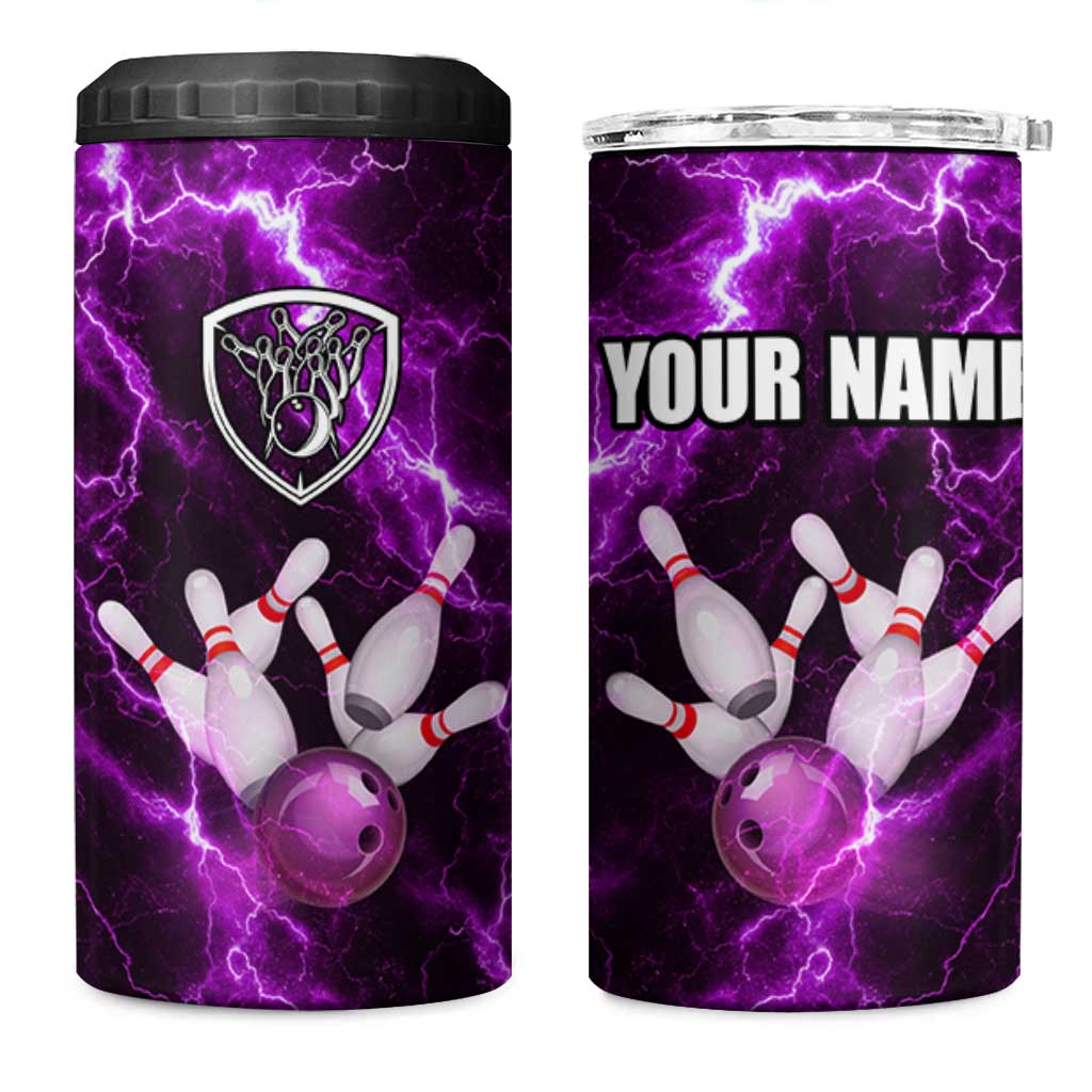 Bowling Ball and Pins 4 in 1 Can Cooler Tumbler Purple Lightning Background and Custom Name Design - Wonder Print Shop