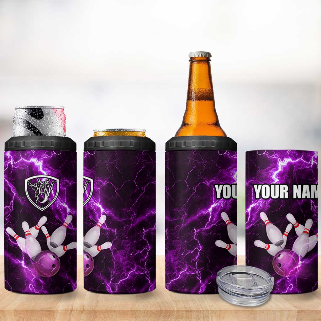 Bowling Ball and Pins 4 in 1 Can Cooler Tumbler Purple Lightning Background and Custom Name Design - Wonder Print Shop