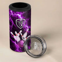 Bowling Ball and Pins 4 in 1 Can Cooler Tumbler Purple Lightning Background and Custom Name Design - Wonder Print Shop