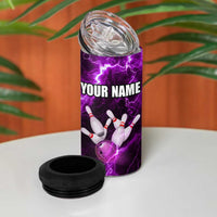 Bowling Ball and Pins 4 in 1 Can Cooler Tumbler Purple Lightning Background and Custom Name Design - Wonder Print Shop