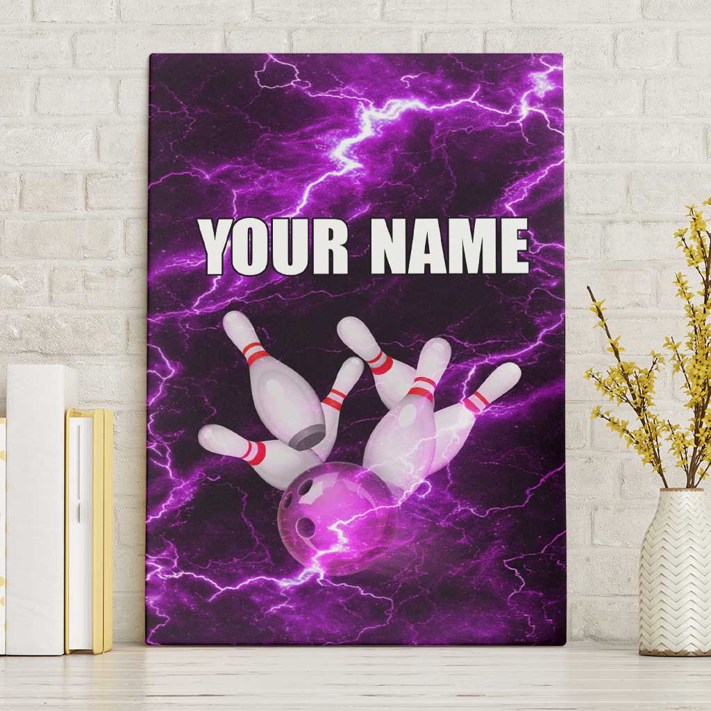 Bowling Ball and Pins Canvas Wall Art Purple Lightning Background and Custom Name Design - Wonder Print Shop