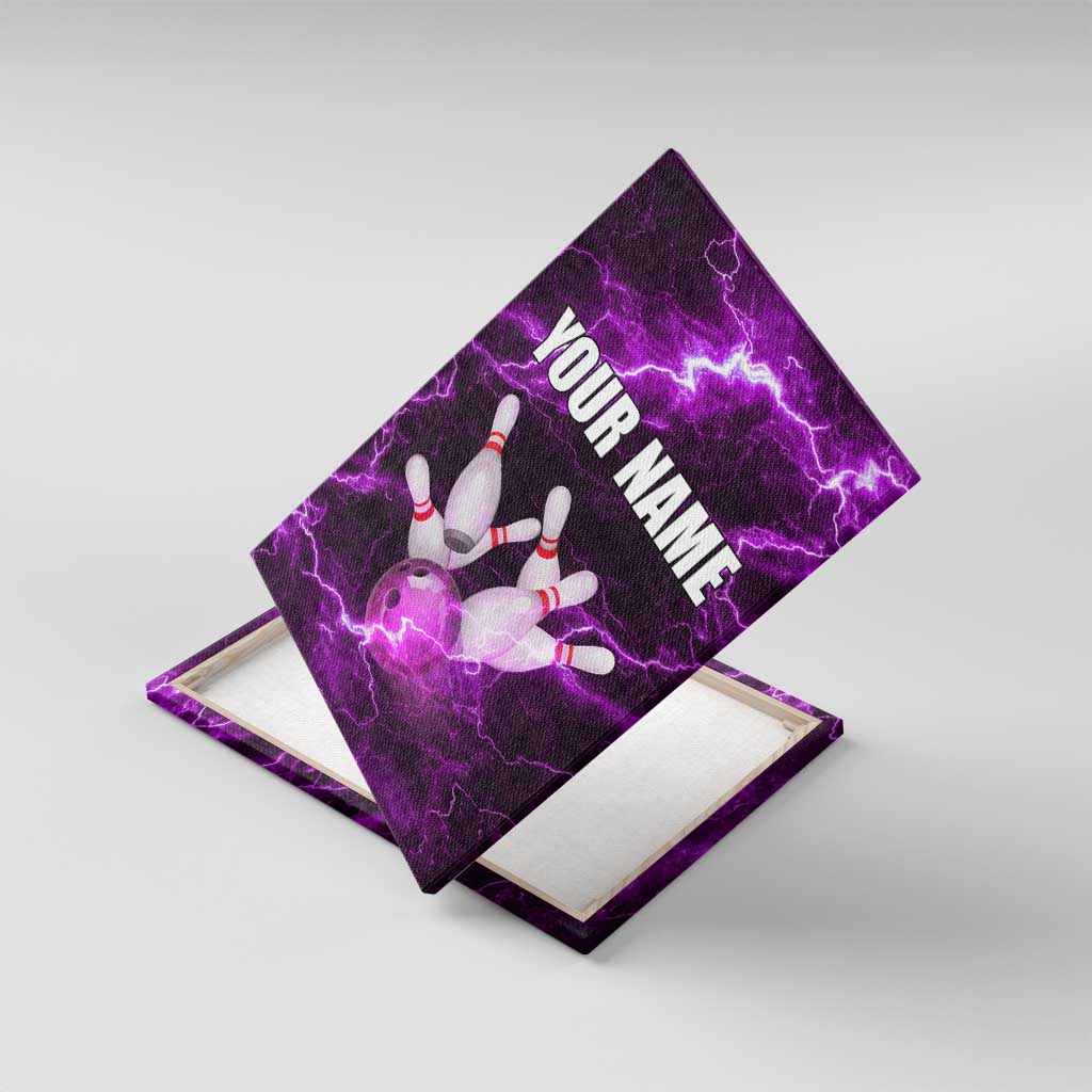 Bowling Ball and Pins Canvas Wall Art Purple Lightning Background and Custom Name Design - Wonder Print Shop