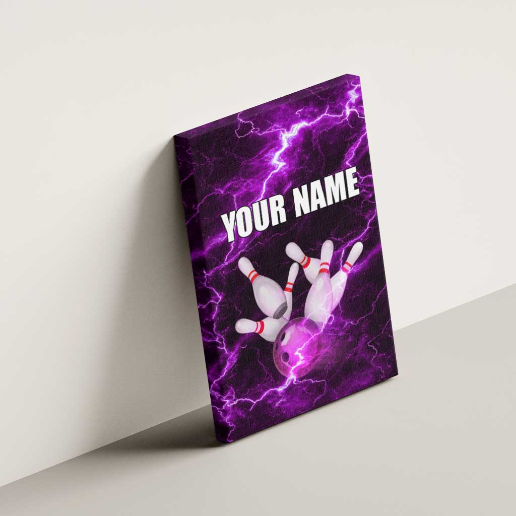 Bowling Ball and Pins Canvas Wall Art Purple Lightning Background and Custom Name Design - Wonder Print Shop