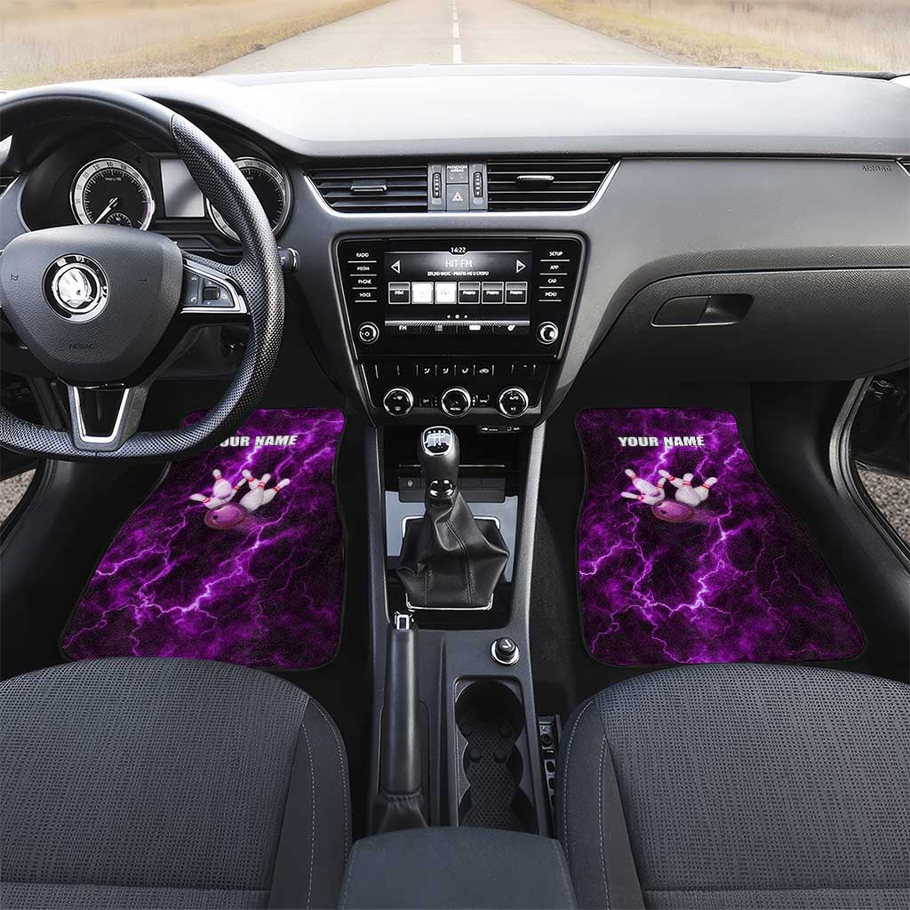 Bowling Ball and Pins Car Mats Purple Lightning Background and Custom Name Design - Wonder Print Shop