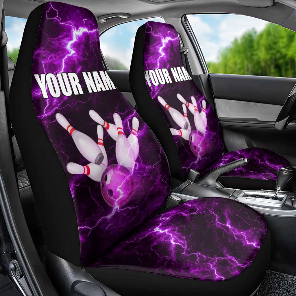Bowling Ball and Pins Car Seat Cover Purple Lightning Background and Custom Name Design - Wonder Print Shop