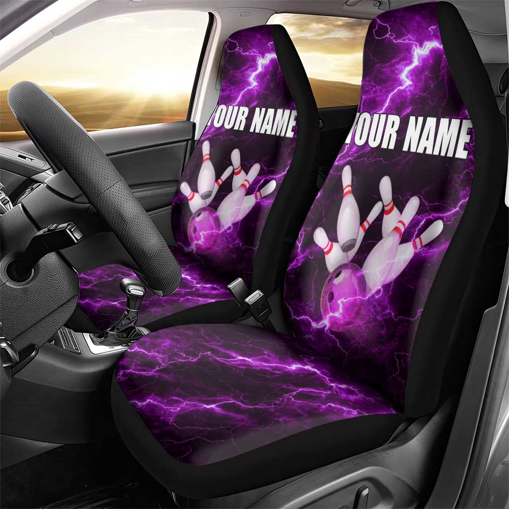 Bowling Ball and Pins Car Seat Cover Purple Lightning Background and Custom Name Design - Wonder Print Shop