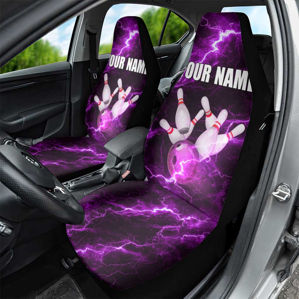 Bowling Ball and Pins Car Seat Cover Purple Lightning Background and Custom Name Design - Wonder Print Shop