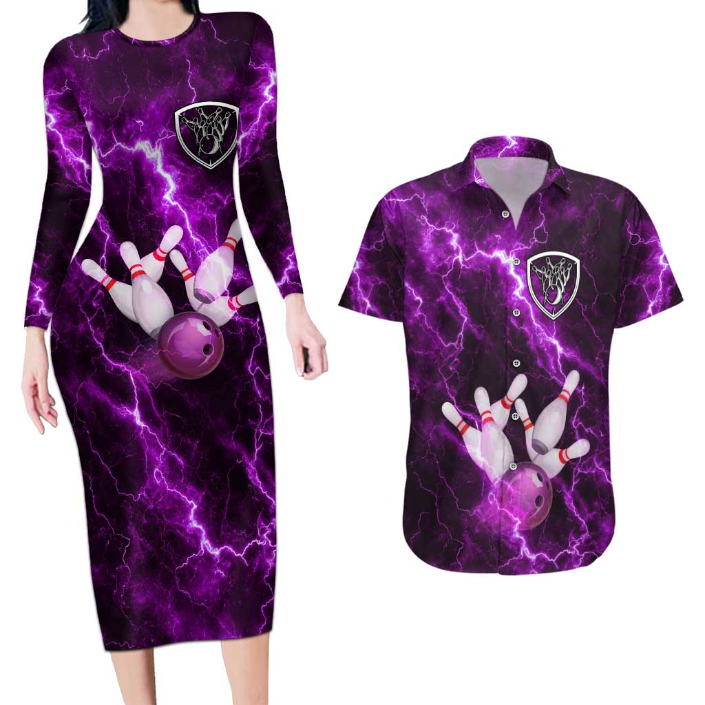 Bowling Ball and Pins Couples Matching Long Sleeve Bodycon Dress and Hawaiian Shirt Purple Lightning Background and Custom Name Design - Wonder Print Shop