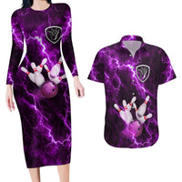 Bowling Ball and Pins Couples Matching Long Sleeve Bodycon Dress and Hawaiian Shirt Purple Lightning Background and Custom Name Design - Wonder Print Shop