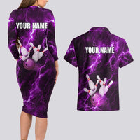 Bowling Ball and Pins Couples Matching Long Sleeve Bodycon Dress and Hawaiian Shirt Purple Lightning Background and Custom Name Design - Wonder Print Shop