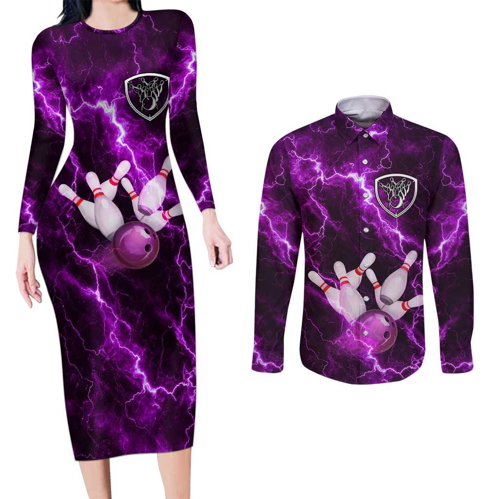 Bowling Ball and Pins Couples Matching Long Sleeve Bodycon Dress and Long Sleeve Button Shirt Purple Lightning Background and Custom Name Design - Wonder Print Shop
