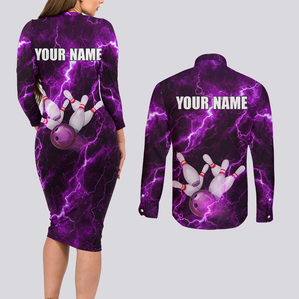 Bowling Ball and Pins Couples Matching Long Sleeve Bodycon Dress and Long Sleeve Button Shirt Purple Lightning Background and Custom Name Design - Wonder Print Shop
