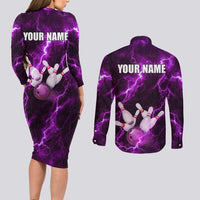 Bowling Ball and Pins Couples Matching Long Sleeve Bodycon Dress and Long Sleeve Button Shirt Purple Lightning Background and Custom Name Design - Wonder Print Shop