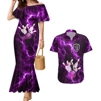 Bowling Ball and Pins Couples Matching Mermaid Dress and Hawaiian Shirt Purple Lightning Background and Custom Name Design - Wonder Print Shop