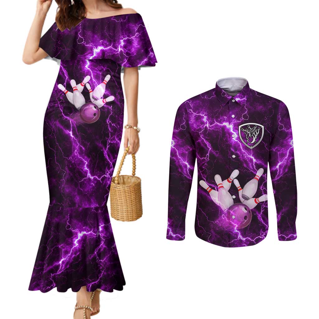 Bowling Ball and Pins Couples Matching Mermaid Dress and Long Sleeve Button Shirt Purple Lightning Background and Custom Name Design - Wonder Print Shop