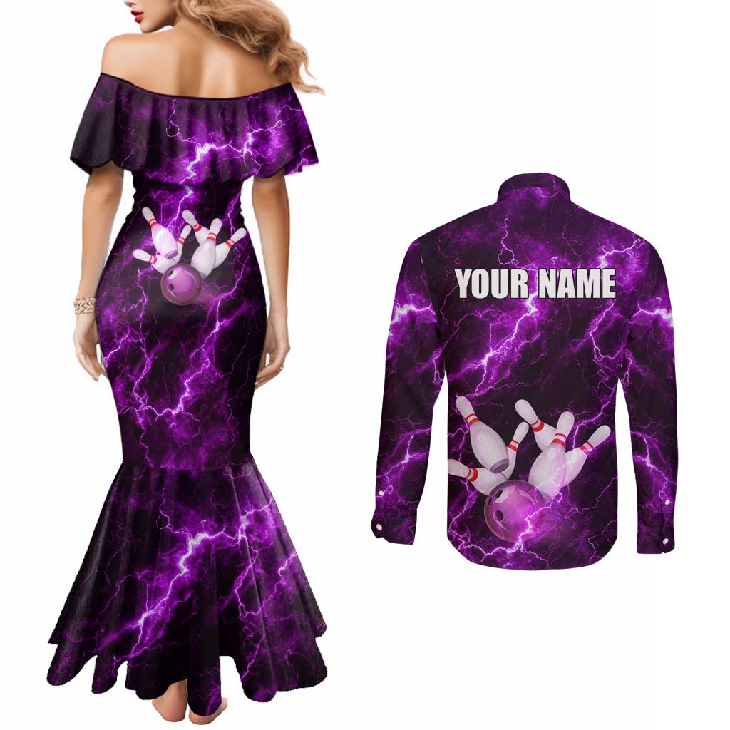 Bowling Ball and Pins Couples Matching Mermaid Dress and Long Sleeve Button Shirt Purple Lightning Background and Custom Name Design - Wonder Print Shop