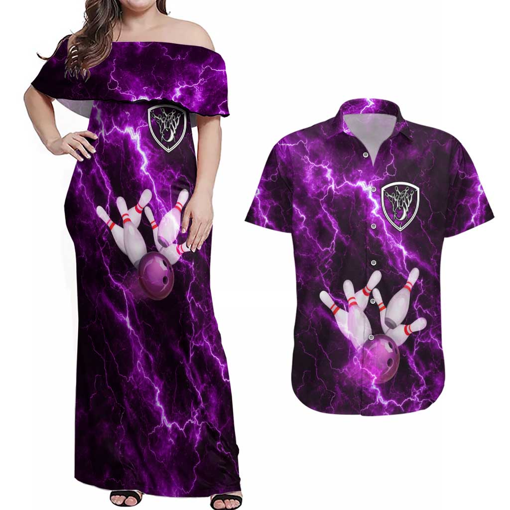 Bowling Ball and Pins Couples Matching Off Shoulder Maxi Dress and Hawaiian Shirt Purple Lightning Background and Custom Name Design - Wonder Print Shop