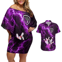 Bowling Ball and Pins Couples Matching Off Shoulder Short Dress and Hawaiian Shirt Purple Lightning Background and Custom Name Design - Wonder Print Shop