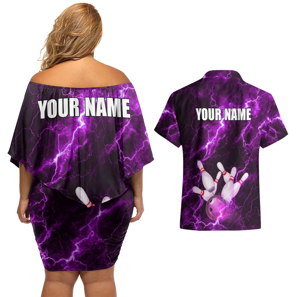 Bowling Ball and Pins Couples Matching Off Shoulder Short Dress and Hawaiian Shirt Purple Lightning Background and Custom Name Design - Wonder Print Shop