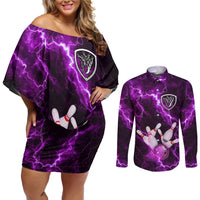 Bowling Ball and Pins Couples Matching Off Shoulder Short Dress and Long Sleeve Button Shirt Purple Lightning Background and Custom Name Design - Wonder Print Shop