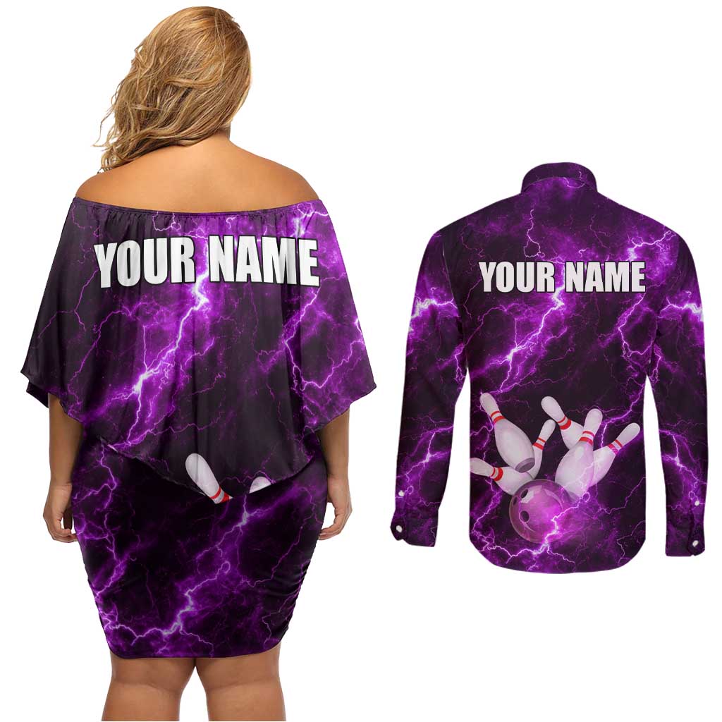Bowling Ball and Pins Couples Matching Off Shoulder Short Dress and Long Sleeve Button Shirt Purple Lightning Background and Custom Name Design - Wonder Print Shop