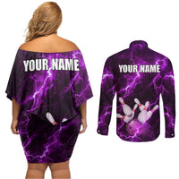 Bowling Ball and Pins Couples Matching Off Shoulder Short Dress and Long Sleeve Button Shirt Purple Lightning Background and Custom Name Design - Wonder Print Shop