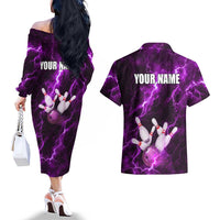 Bowling Ball and Pins Couples Matching Off The Shoulder Long Sleeve Dress and Hawaiian Shirt Purple Lightning Background and Custom Name Design - Wonder Print Shop