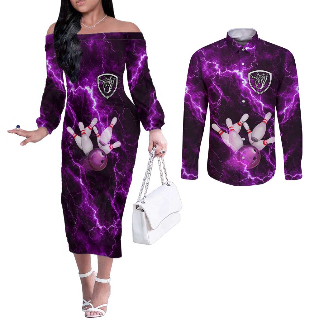 Bowling Ball and Pins Couples Matching Off The Shoulder Long Sleeve Dress and Long Sleeve Button Shirt Purple Lightning Background and Custom Name Design - Wonder Print Shop
