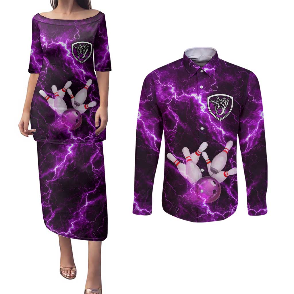 Bowling Ball and Pins Couples Matching Puletasi and Long Sleeve Button Shirt Purple Lightning Background and Custom Name Design - Wonder Print Shop