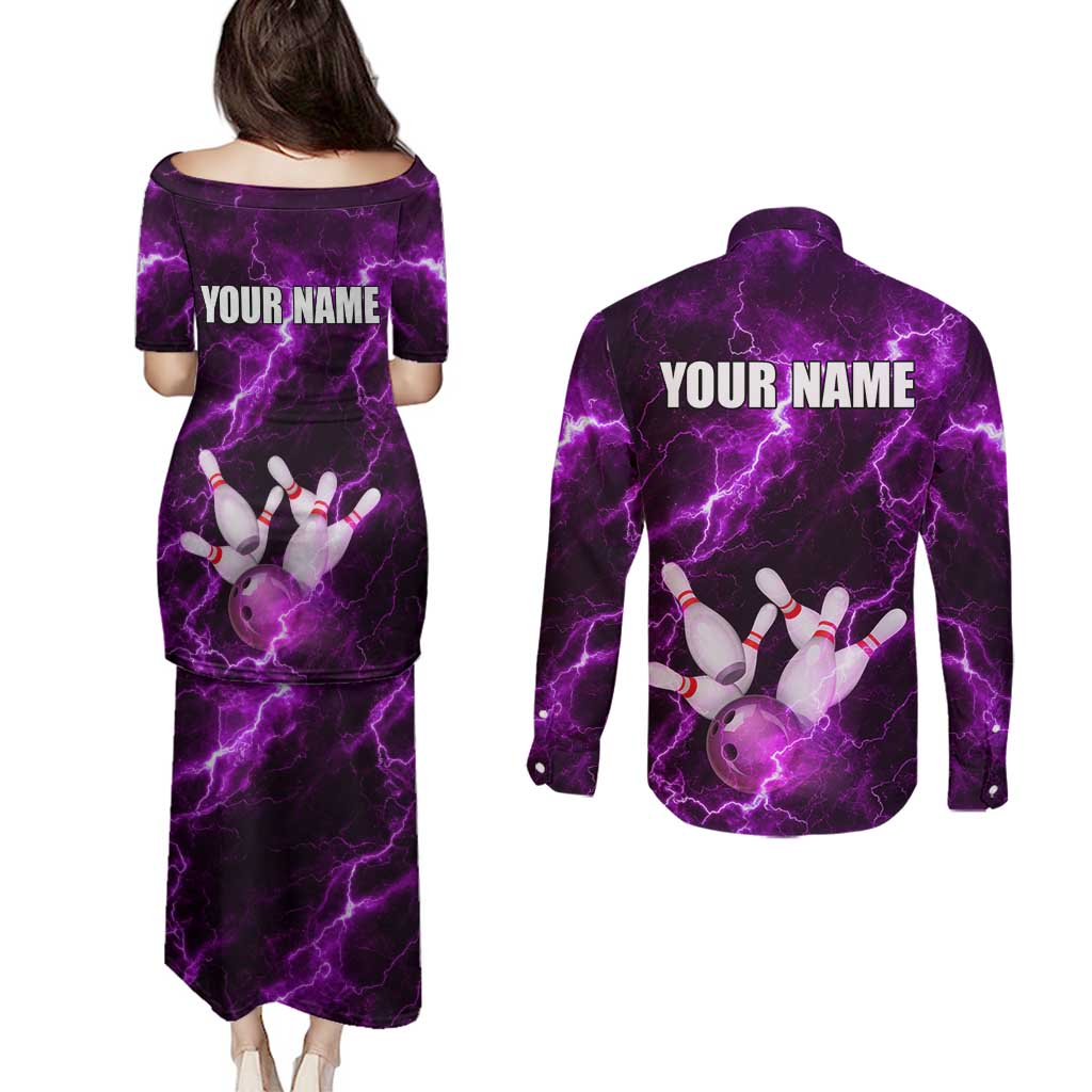 Bowling Ball and Pins Couples Matching Puletasi and Long Sleeve Button Shirt Purple Lightning Background and Custom Name Design - Wonder Print Shop