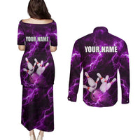 Bowling Ball and Pins Couples Matching Puletasi and Long Sleeve Button Shirt Purple Lightning Background and Custom Name Design - Wonder Print Shop