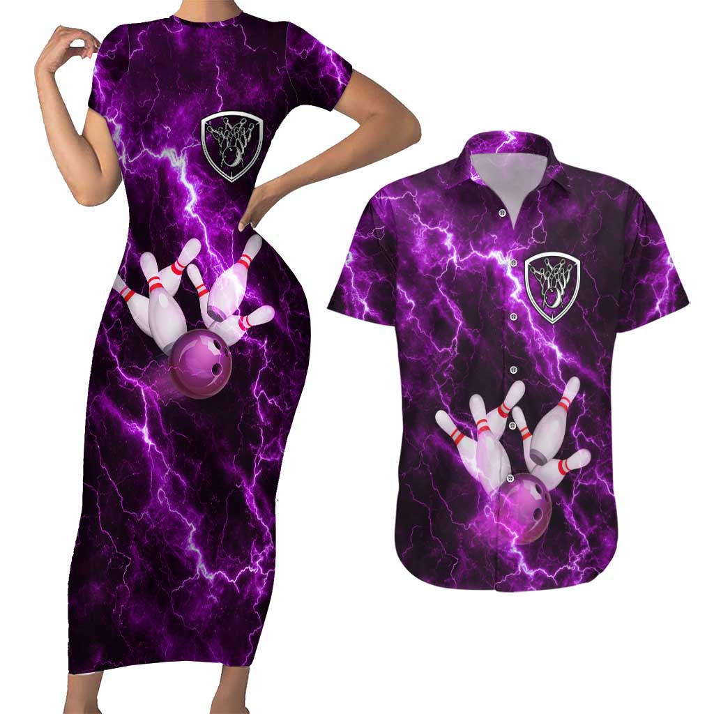 Bowling Ball and Pins Couples Matching Short Sleeve Bodycon Dress and Hawaiian Shirt Purple Lightning Background and Custom Name Design - Wonder Print Shop