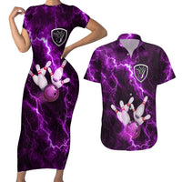 Bowling Ball and Pins Couples Matching Short Sleeve Bodycon Dress and Hawaiian Shirt Purple Lightning Background and Custom Name Design - Wonder Print Shop