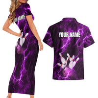 Bowling Ball and Pins Couples Matching Short Sleeve Bodycon Dress and Hawaiian Shirt Purple Lightning Background and Custom Name Design - Wonder Print Shop