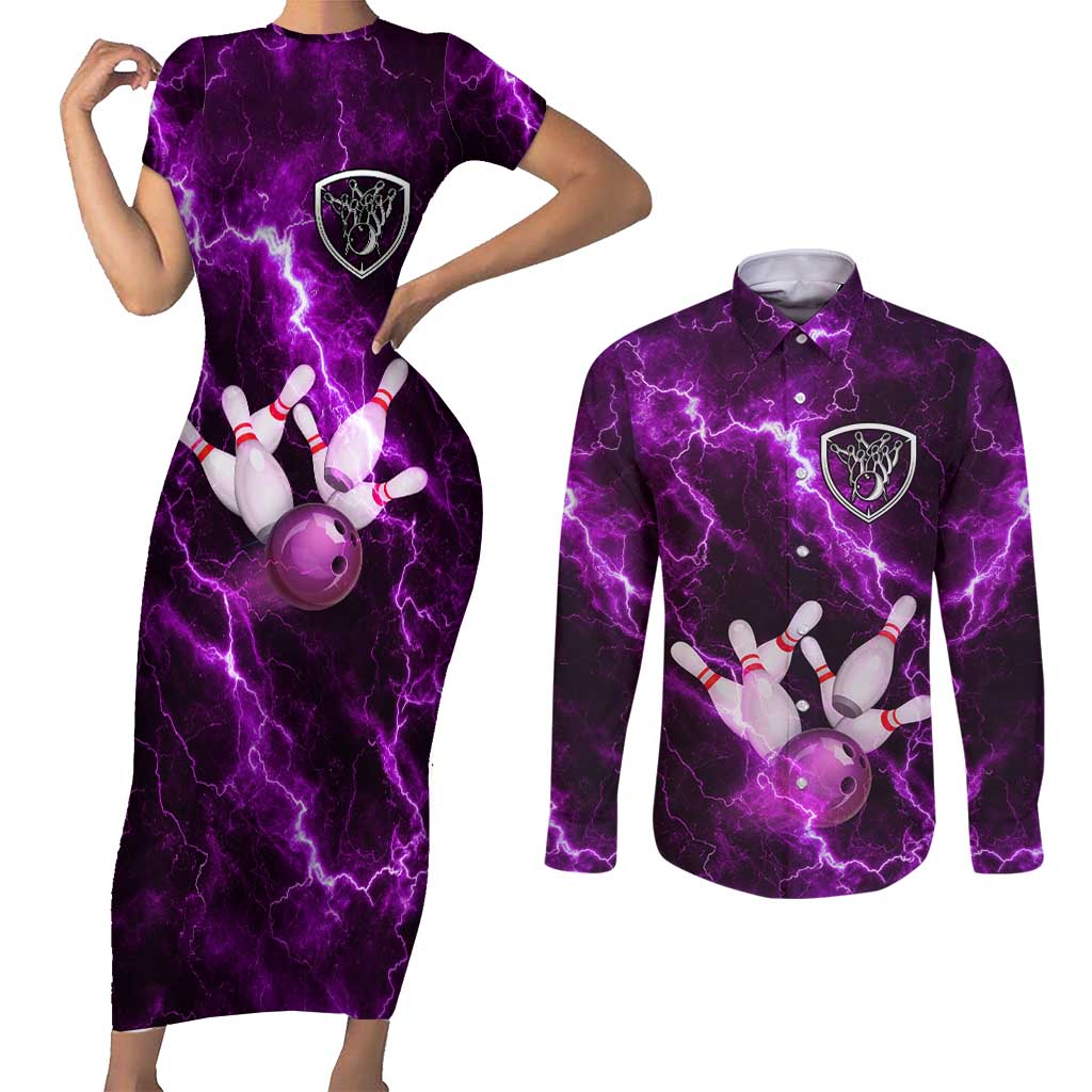 Bowling Ball and Pins Couples Matching Short Sleeve Bodycon Dress and Long Sleeve Button Shirt Purple Lightning Background and Custom Name Design - Wonder Print Shop