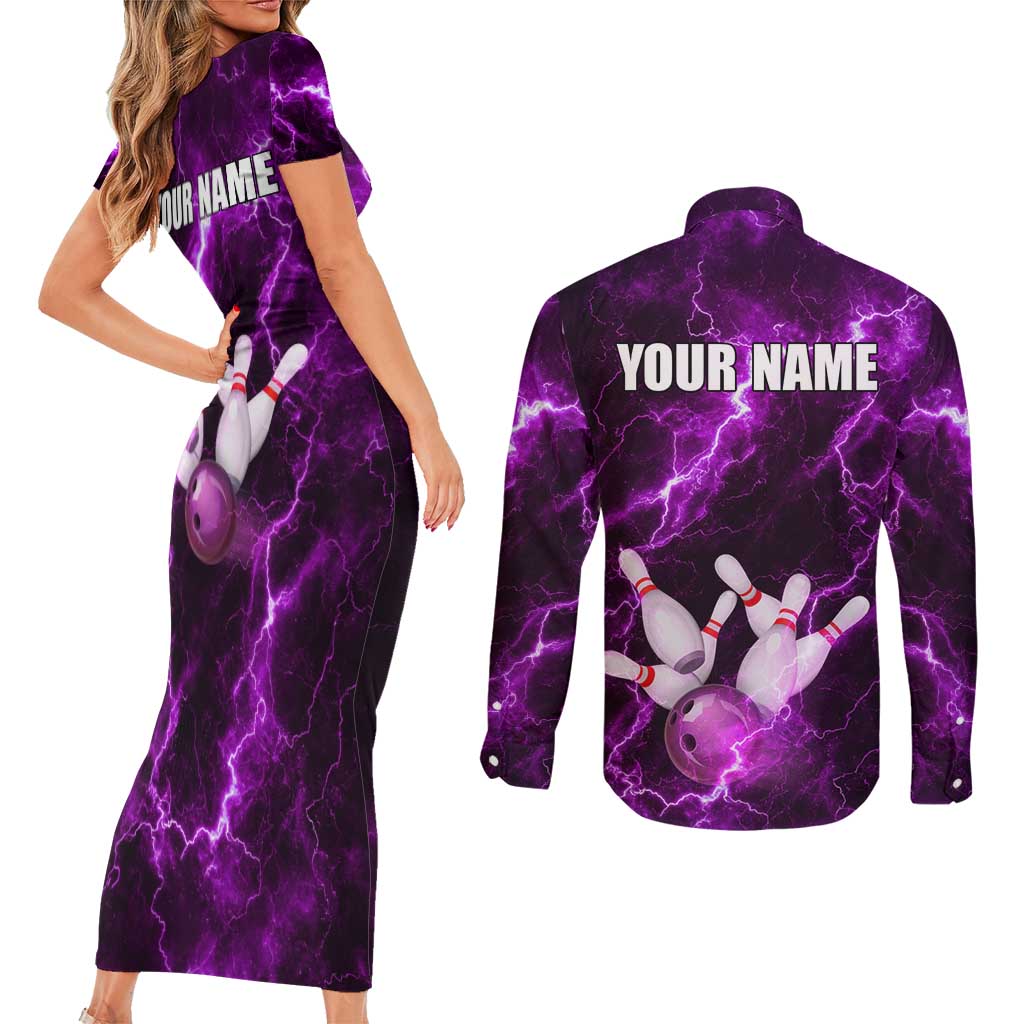 Bowling Ball and Pins Couples Matching Short Sleeve Bodycon Dress and Long Sleeve Button Shirt Purple Lightning Background and Custom Name Design - Wonder Print Shop