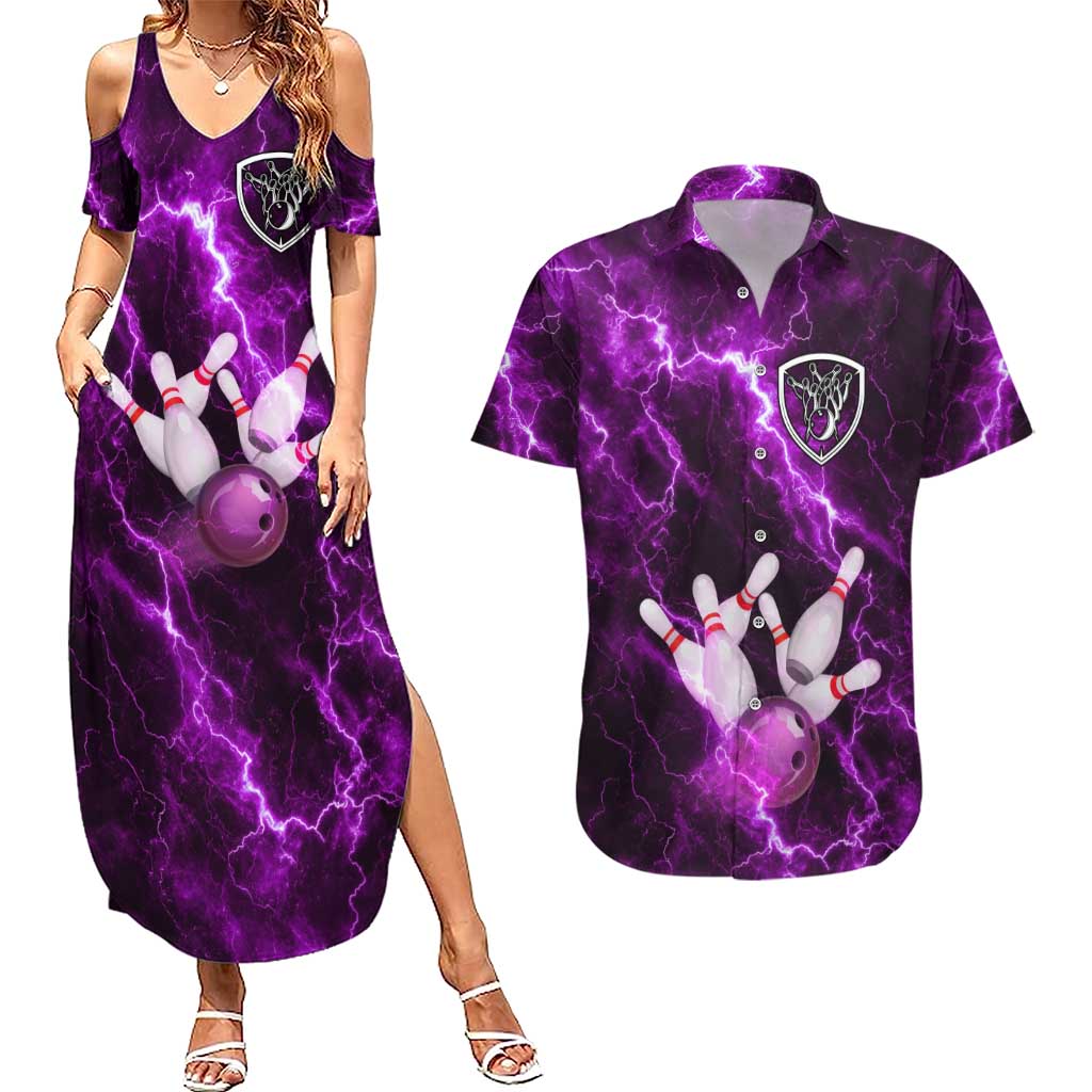 Bowling Ball and Pins Couples Matching Summer Maxi Dress and Hawaiian Shirt Purple Lightning Background and Custom Name Design - Wonder Print Shop