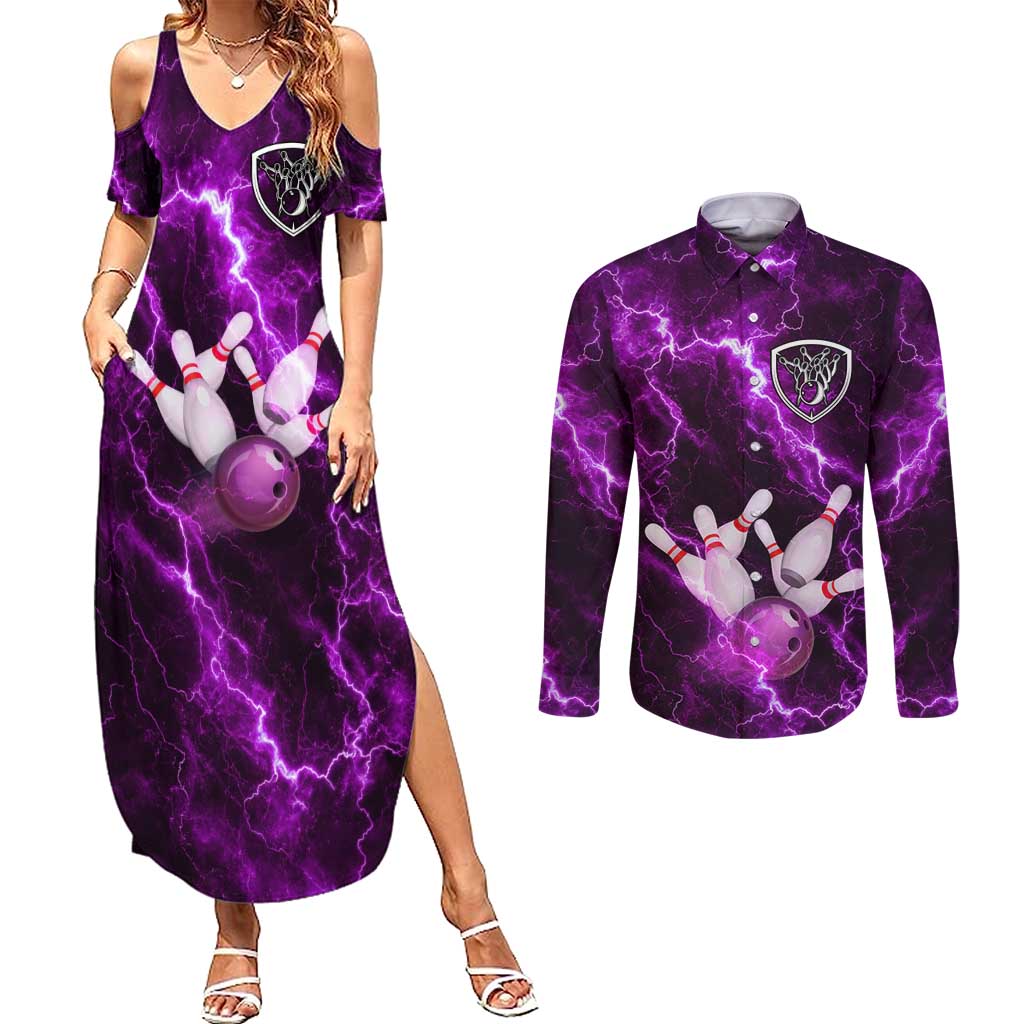 Bowling Ball and Pins Couples Matching Summer Maxi Dress and Long Sleeve Button Shirt Purple Lightning Background and Custom Name Design - Wonder Print Shop