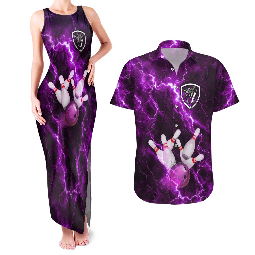 Bowling Ball and Pins Couples Matching Tank Maxi Dress and Hawaiian Shirt Purple Lightning Background and Custom Name Design - Wonder Print Shop