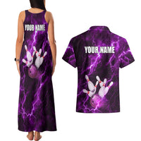 Bowling Ball and Pins Couples Matching Tank Maxi Dress and Hawaiian Shirt Purple Lightning Background and Custom Name Design - Wonder Print Shop