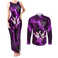 Bowling Ball and Pins Couples Matching Tank Maxi Dress and Long Sleeve Button Shirt Purple Lightning Background and Custom Name Design - Wonder Print Shop