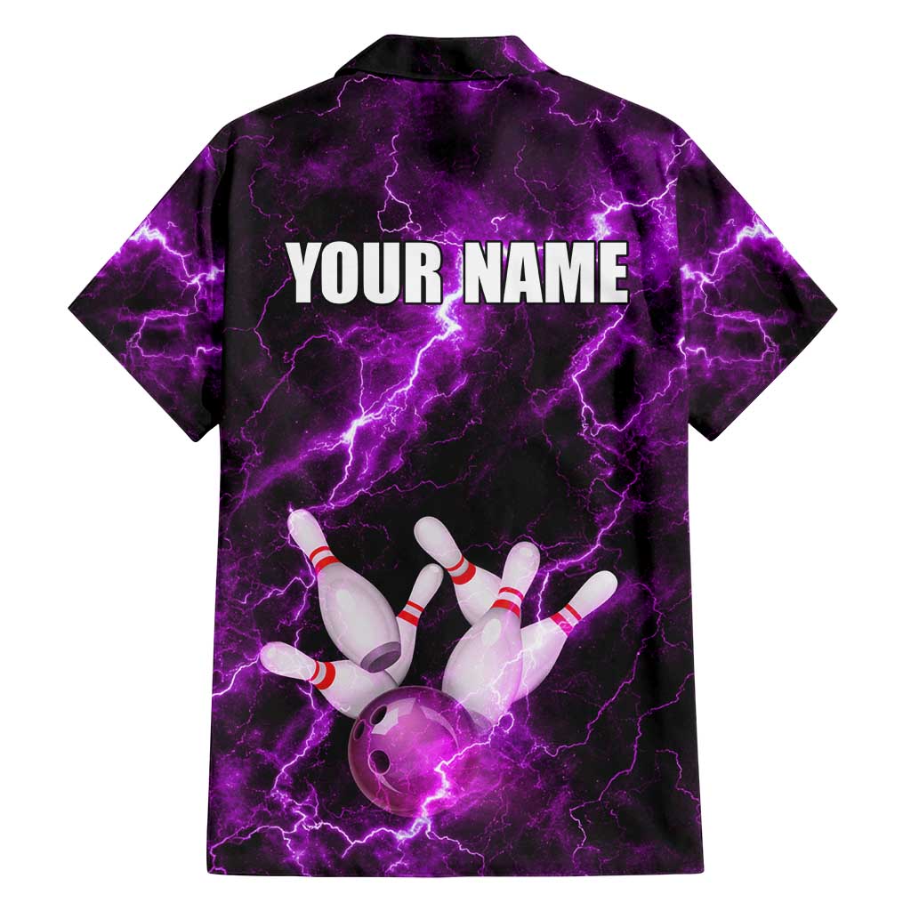 Bowling Ball and Pins Family Matching Long Sleeve Bodycon Dress and Hawaiian Shirt Purple Lightning Background and Custom Name Design - Wonder Print Shop