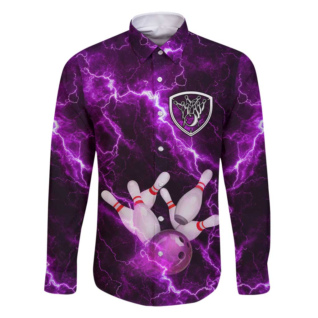 Bowling Ball and Pins Family Matching Long Sleeve Bodycon Dress and Hawaiian Shirt Purple Lightning Background and Custom Name Design - Wonder Print Shop