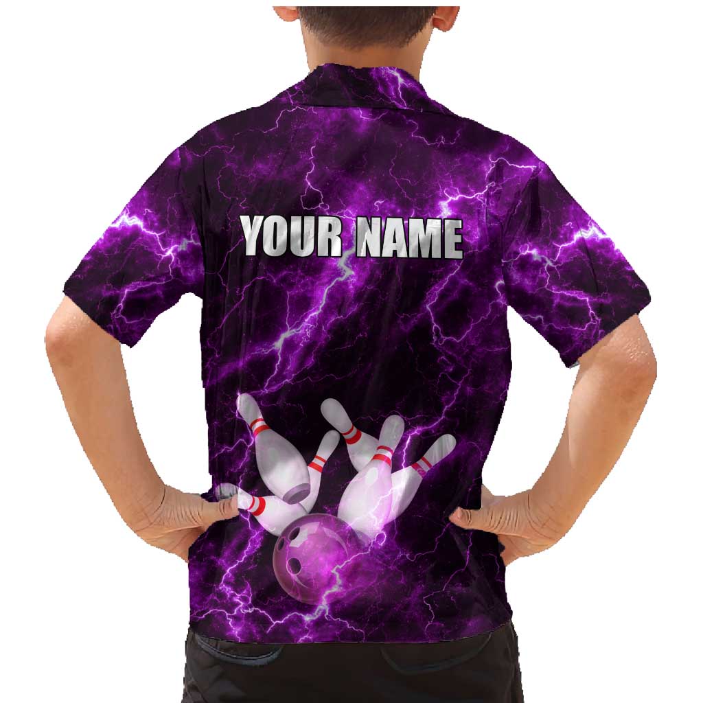 Bowling Ball and Pins Family Matching Mermaid Dress and Hawaiian Shirt Purple Lightning Background and Custom Name Design - Wonder Print Shop