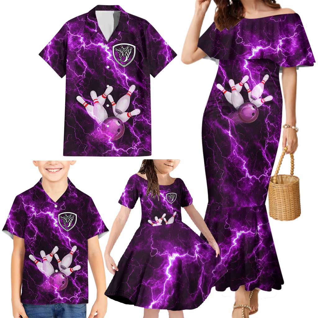 Bowling Ball and Pins Family Matching Mermaid Dress and Hawaiian Shirt Purple Lightning Background and Custom Name Design - Wonder Print Shop